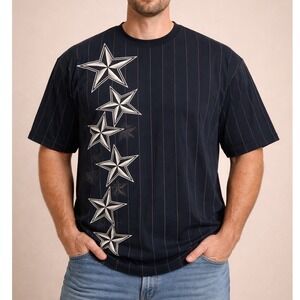 Gildan Mens 3XL Navy Blue Pinstripe Nautical Star Graphic T-Shirt Heavy Cotton